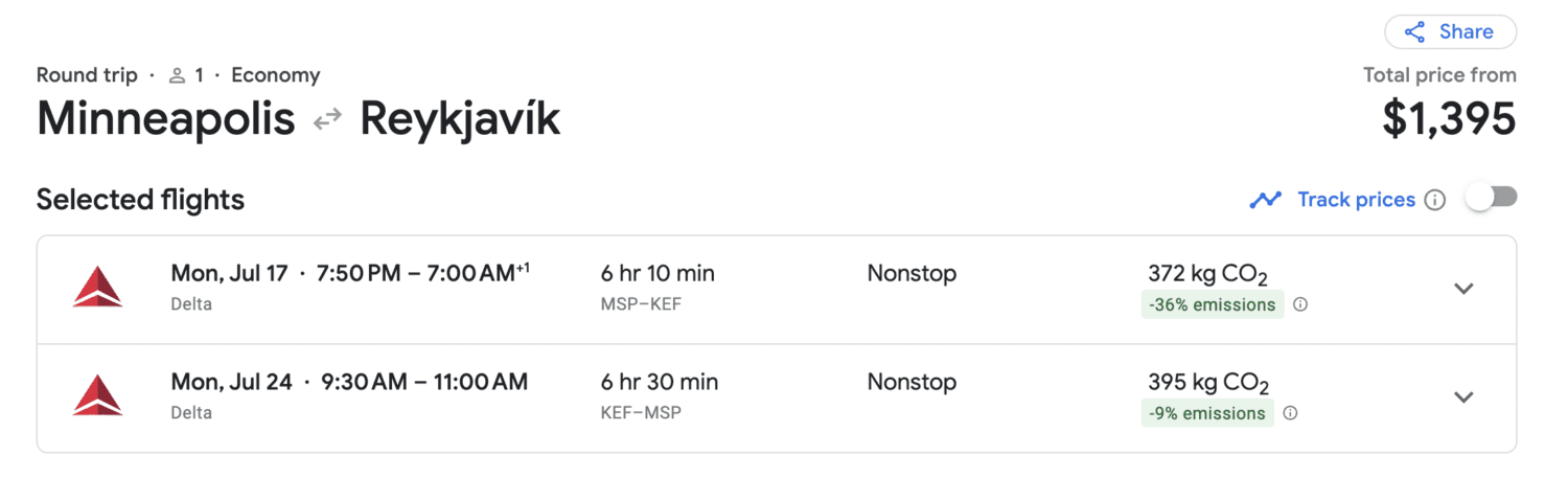 Google Flights search for roundtrip flights from Minneapolis to Reykjavik