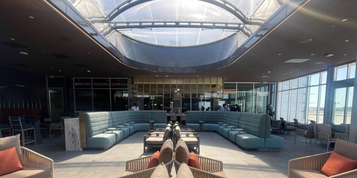 Lounge area at airport with glass roof