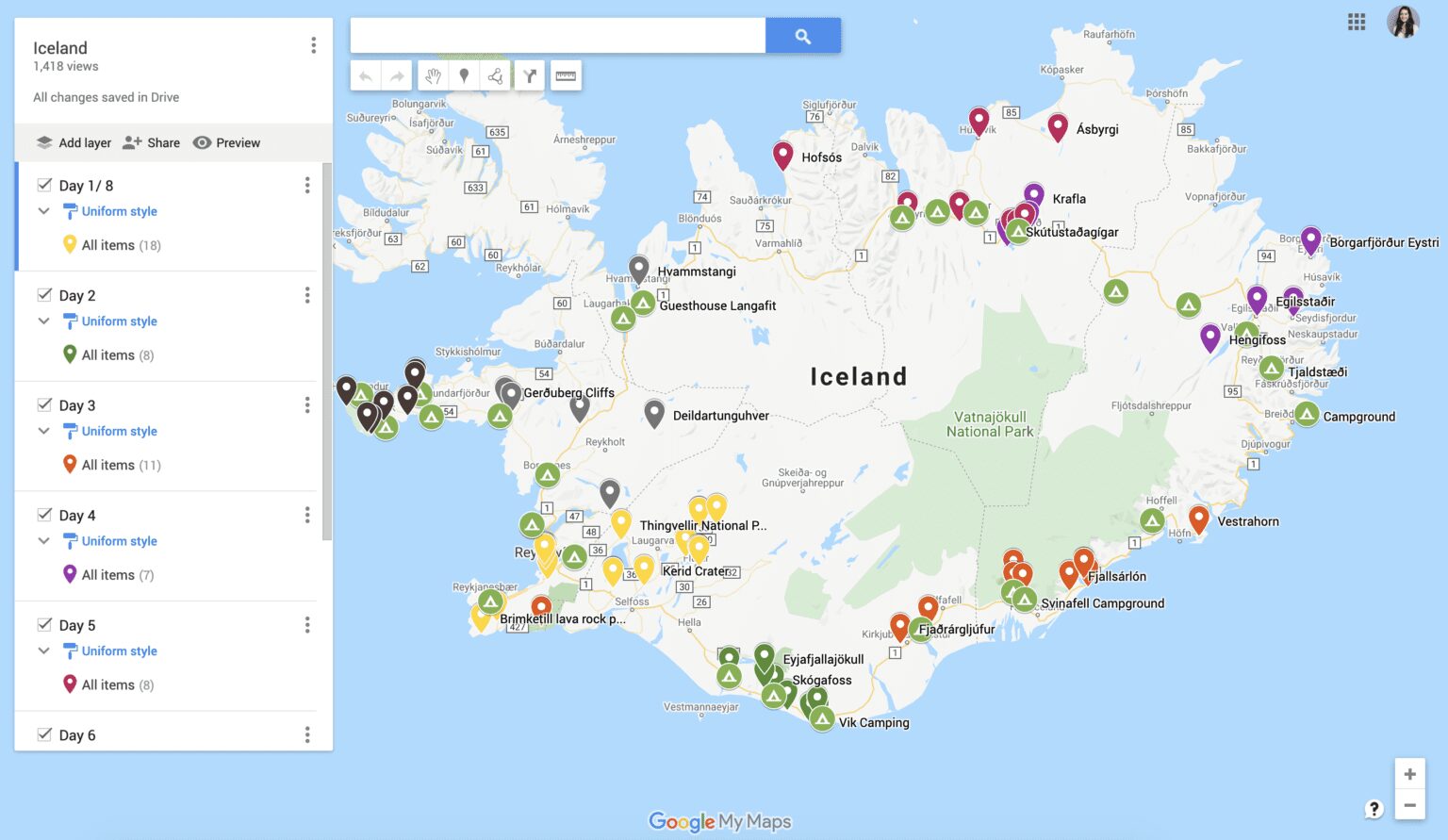 Google My Maps for a road trip across Iceland