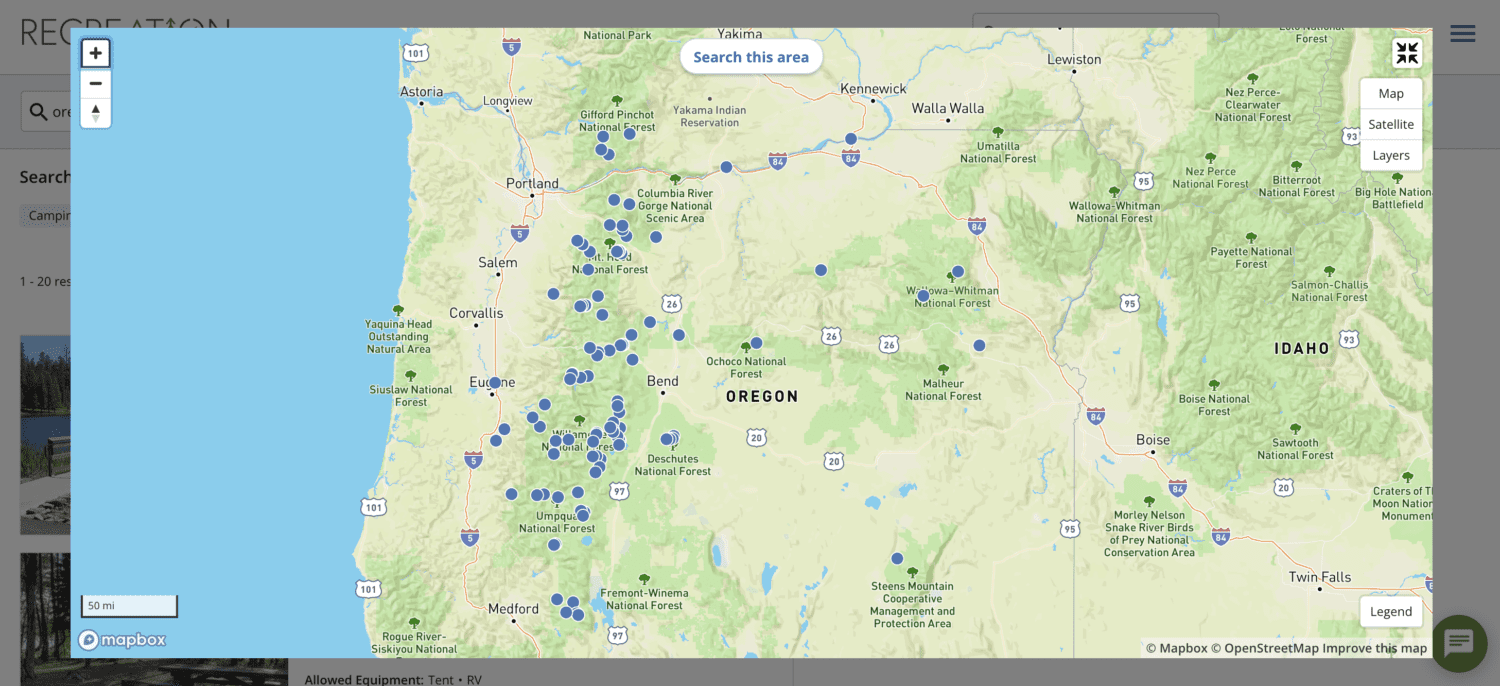 National forest campgrounds in Oregon