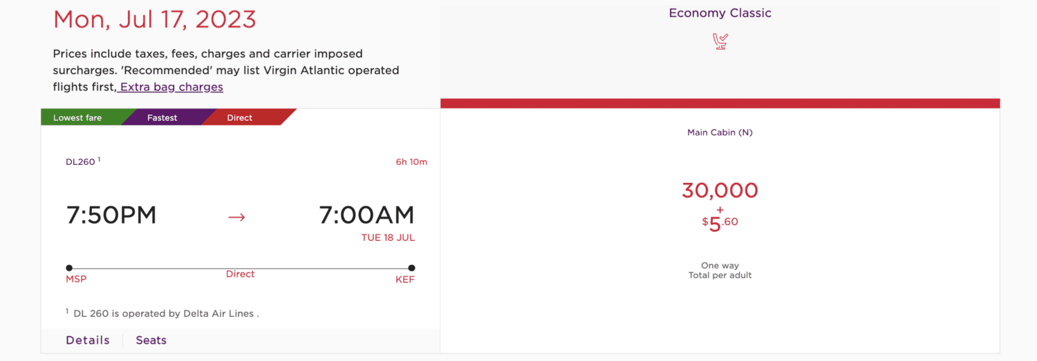 Booking a Delta flight from Minneapolis to Reykjavik with Virgin Atlantic points