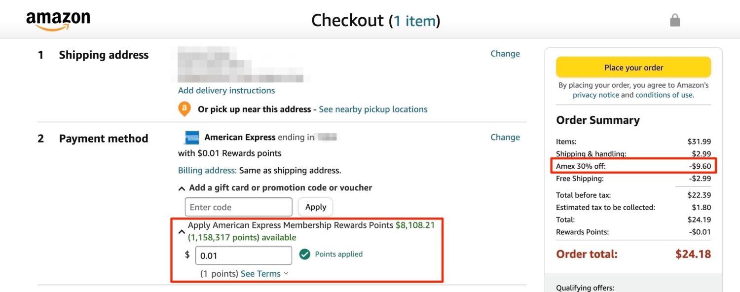 amazon cart applying amex points