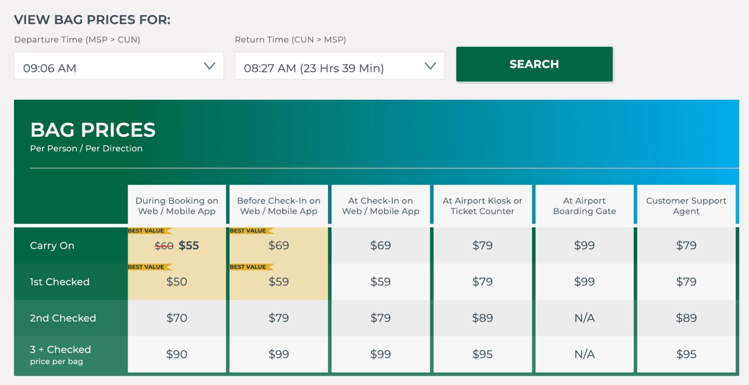 msp to cancun bag fees on frontier