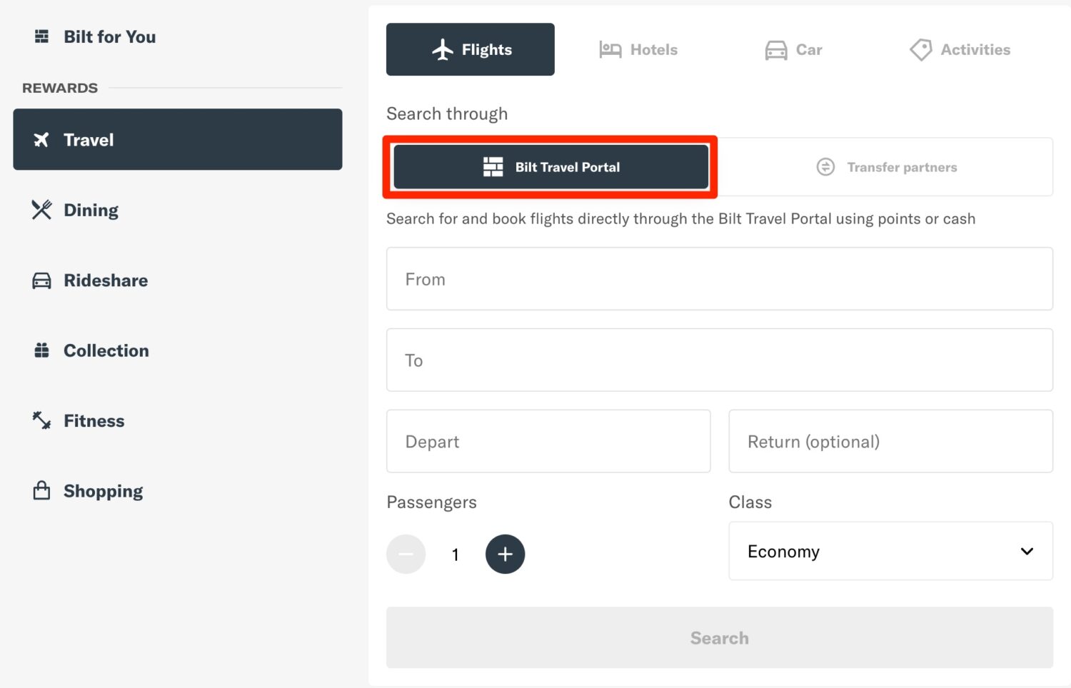 bilt rewards travel portal search