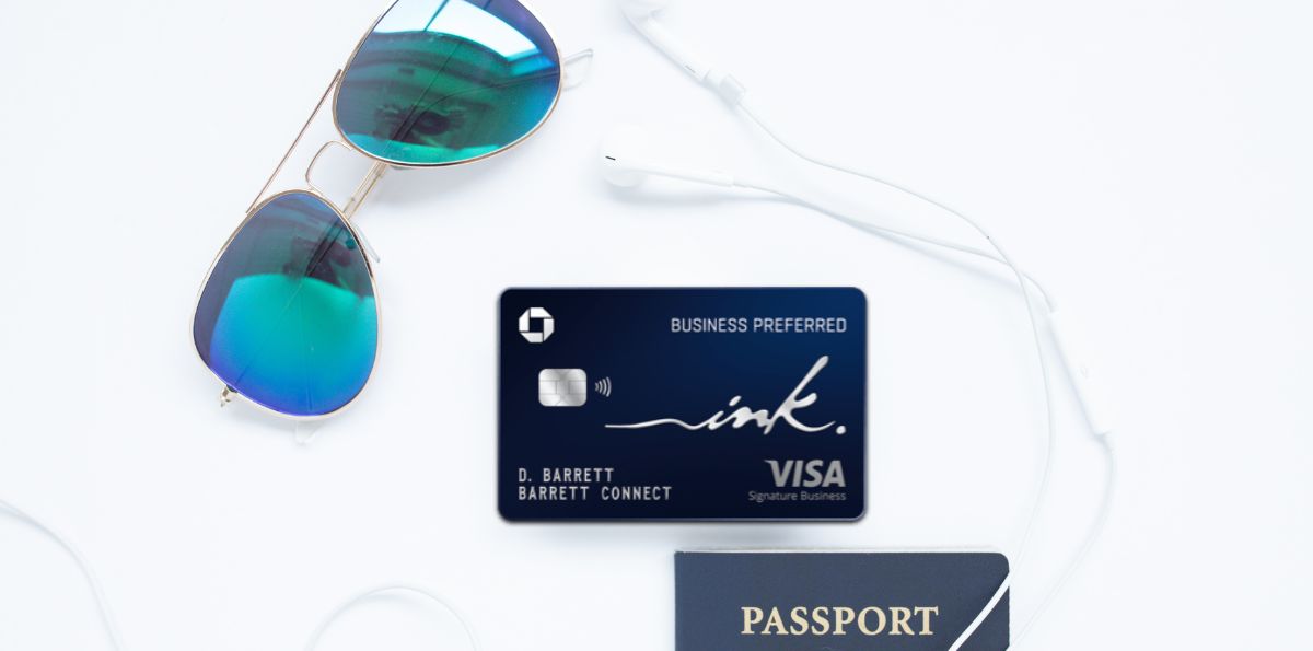 Chase Ink Preferred Card with a passport and sunglasses