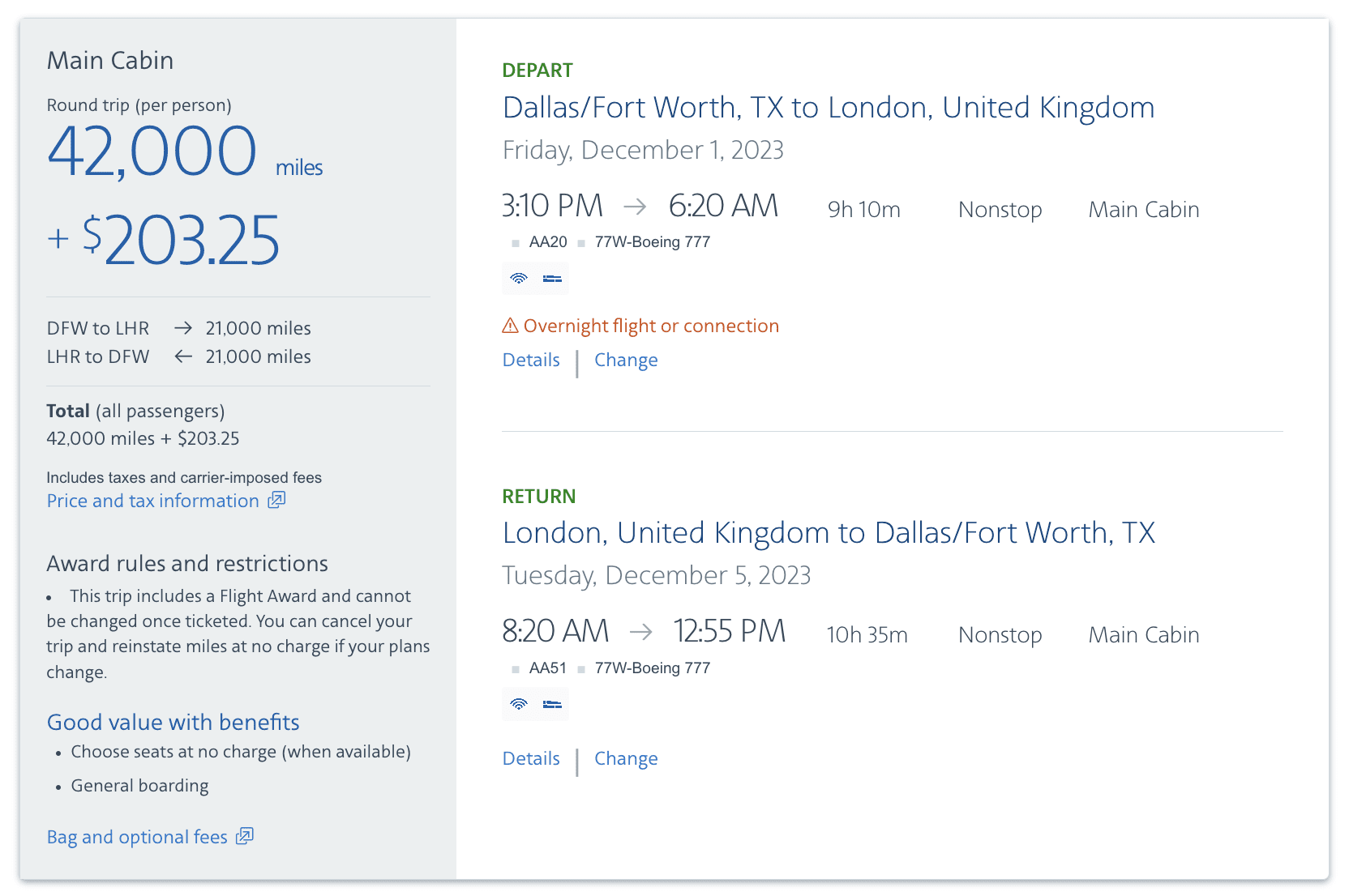 dfw-lhr roundtrip award on american airlines