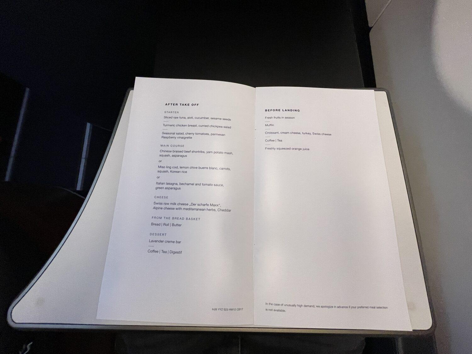 Condor Airlines Business Class Food Menu