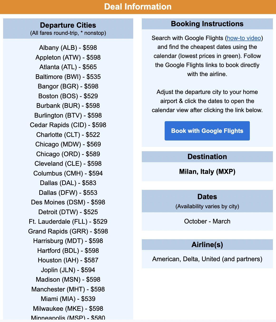 Italy flight deal information