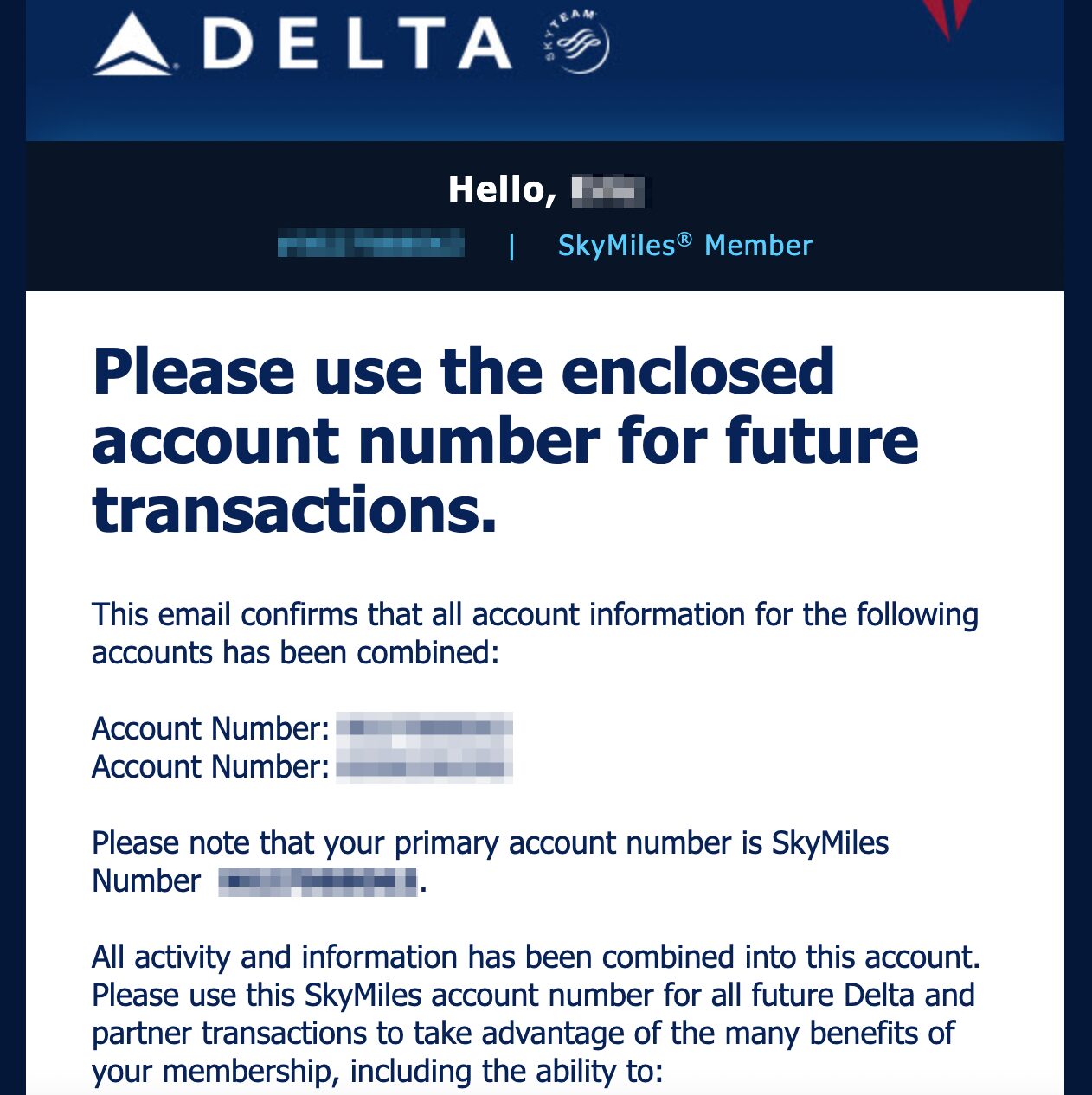 Merge Delta SkyMiles account confirmation email