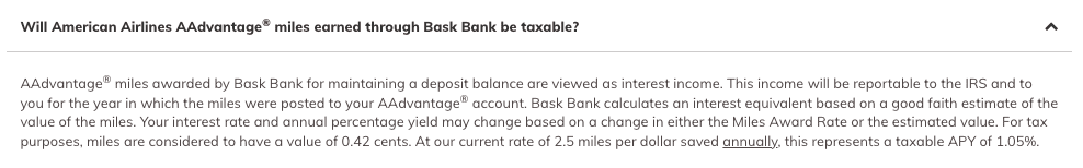 Bask Bank tax value of AA miles