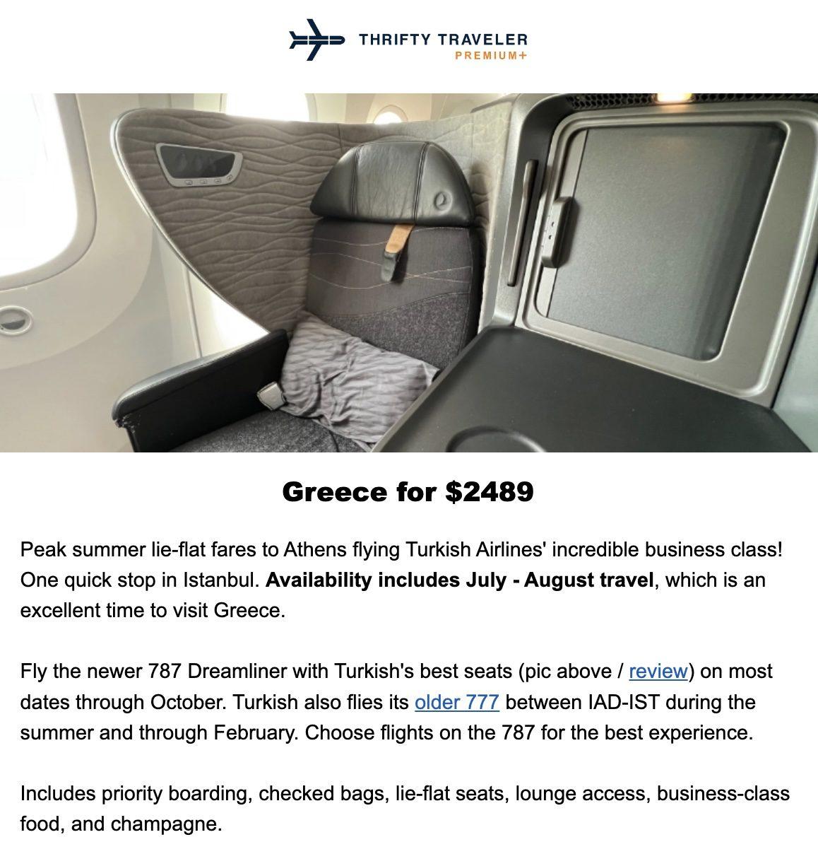 Turkish Airlines business class flight deal to Greece