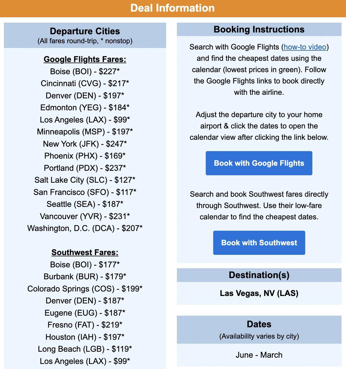 Las Vegas flight deal information