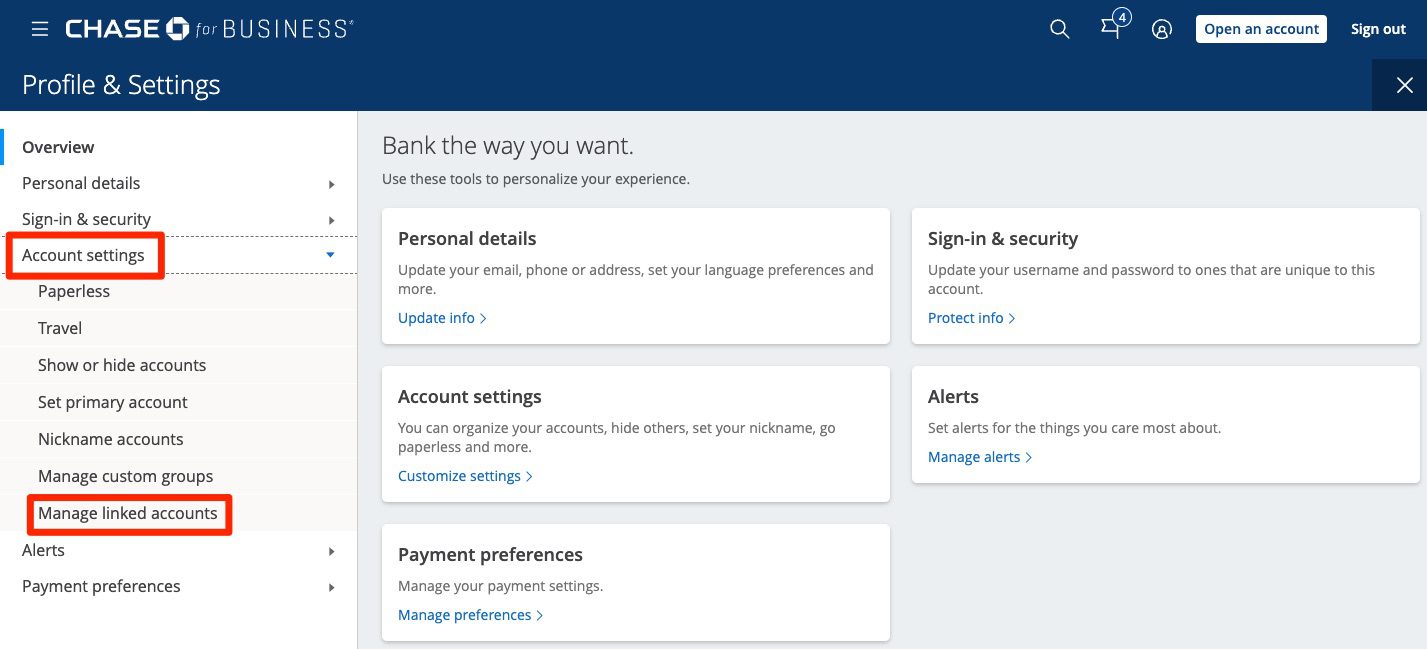 Chase Account Settings and Manage Linked Accounts Screenshot