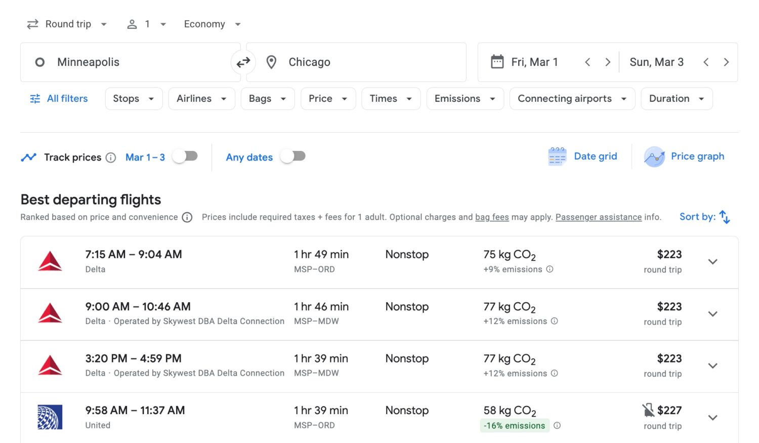 Google Flights search for flights from Minneapolis (MSP) to Chicago (ORD)