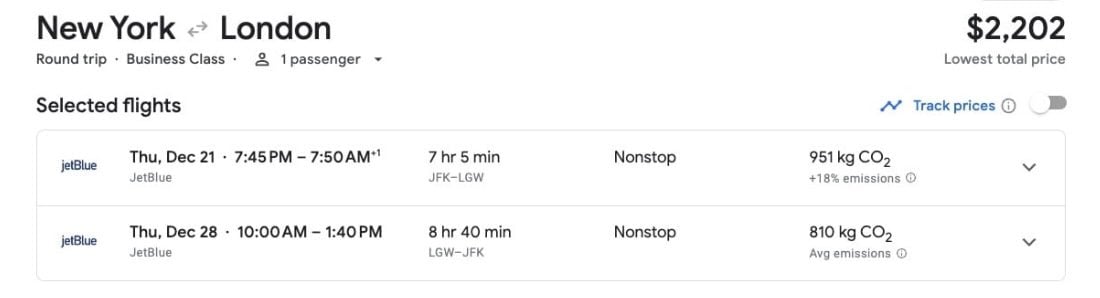 New York to London business class flight deal
