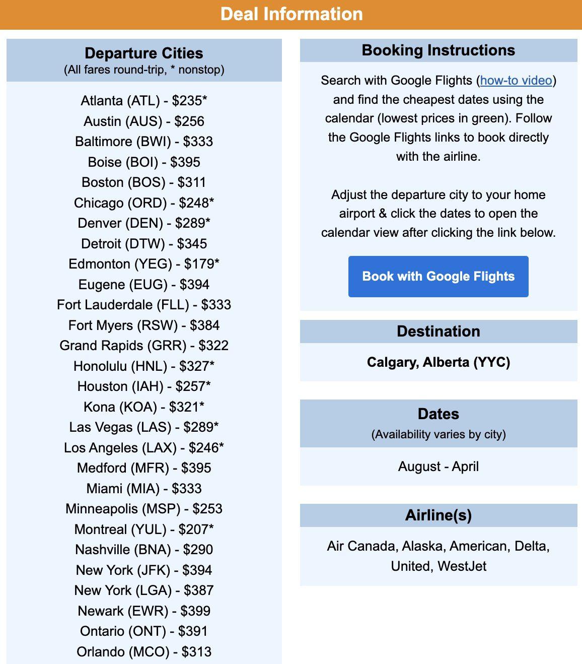 Calgary flight deal information