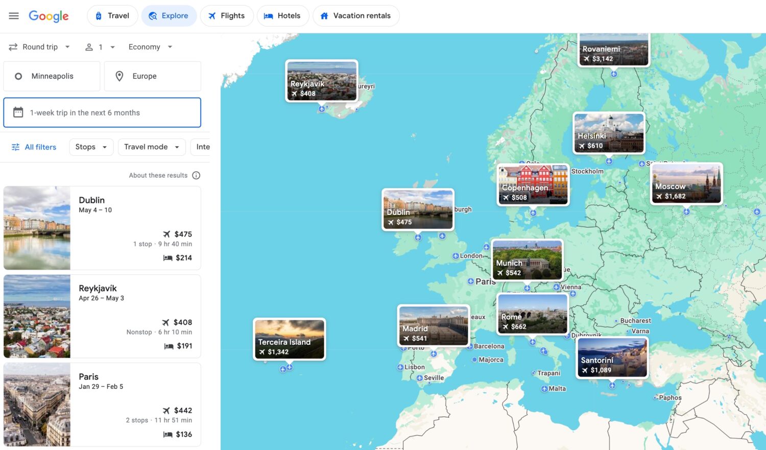 Google Flights Explore MSP to Europe