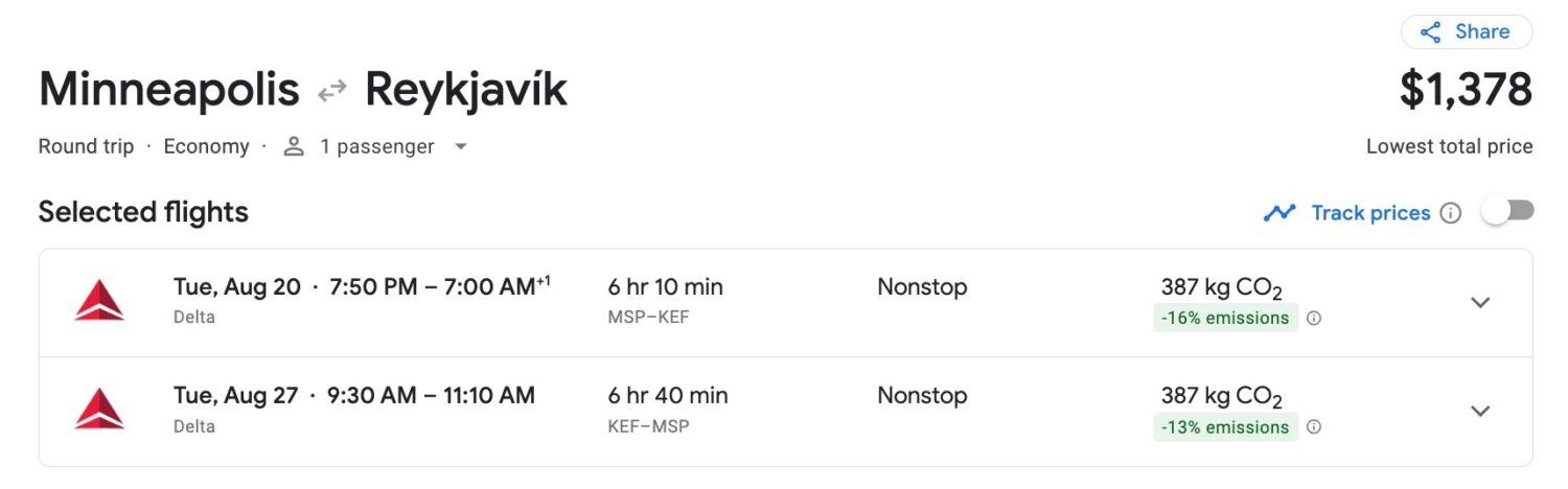 Google Flights search for a Delta nonstop flight from Minneapolis (MSP) to Reykjavik (KEF)