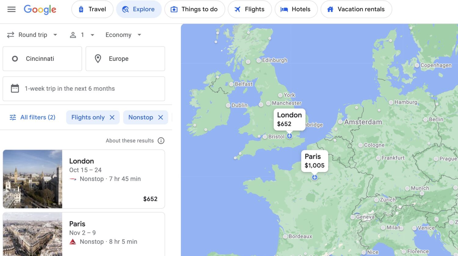 Nonstop flights Google Flights CVG to Europe