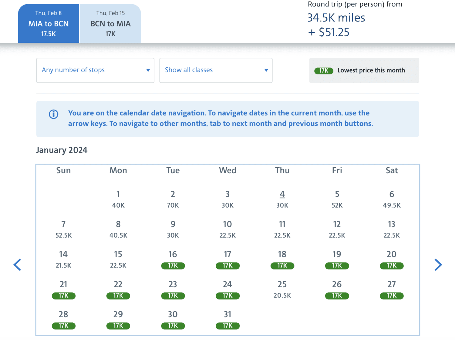 AA Miles calendar search