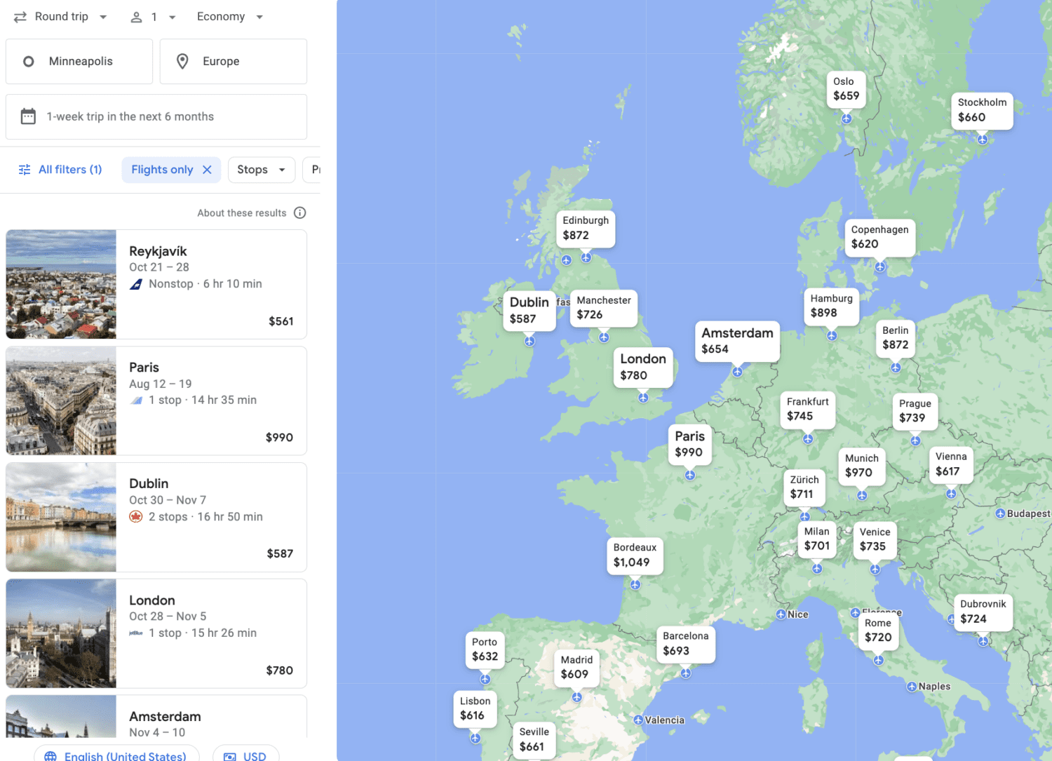 Google Flights Explore search for flights from Minneapolis to Europe in the next six months