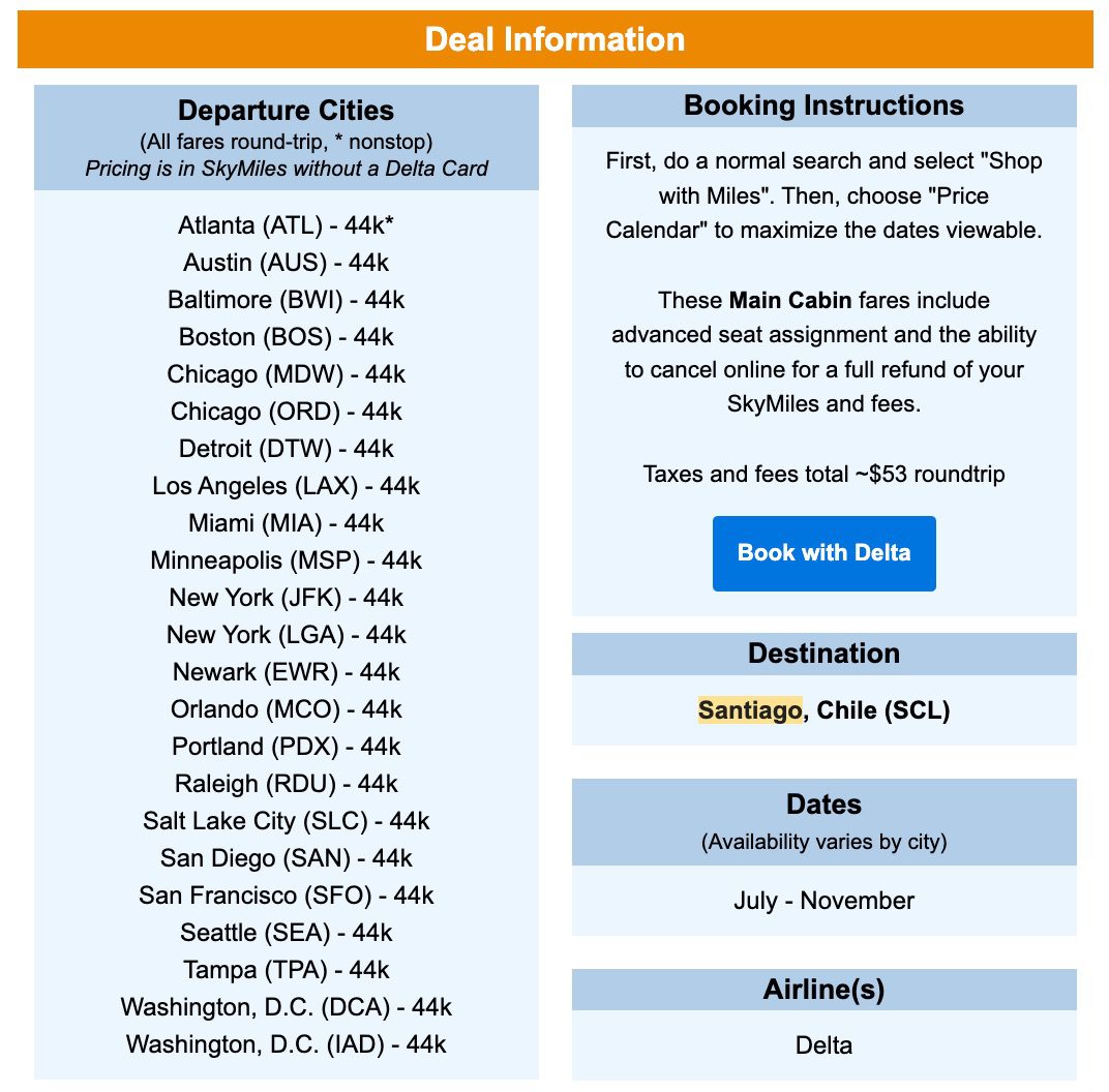 delta skymiles deal to chile