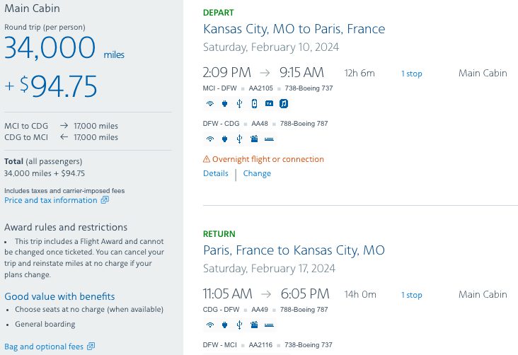 Kansas City to Paris AA miles flash sale