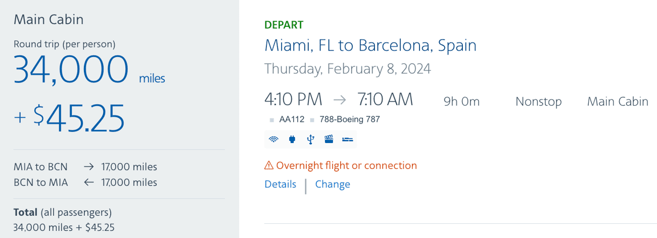 American Airlines AAdvantage Miles award flight from Miami to Barcelona