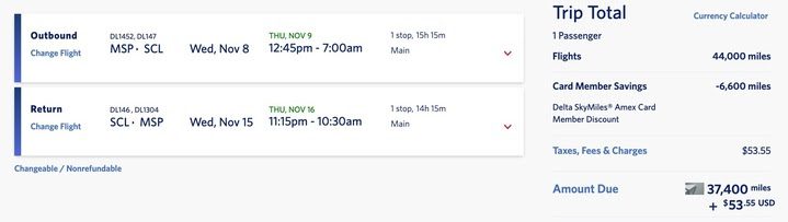 delta skymiles deal msp to santiago