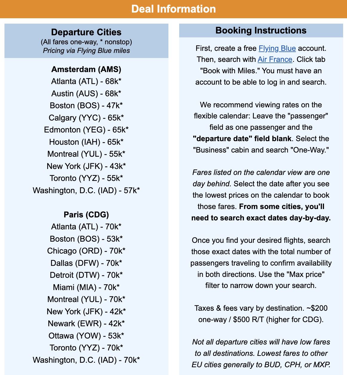 Air France KLM biz class deal information