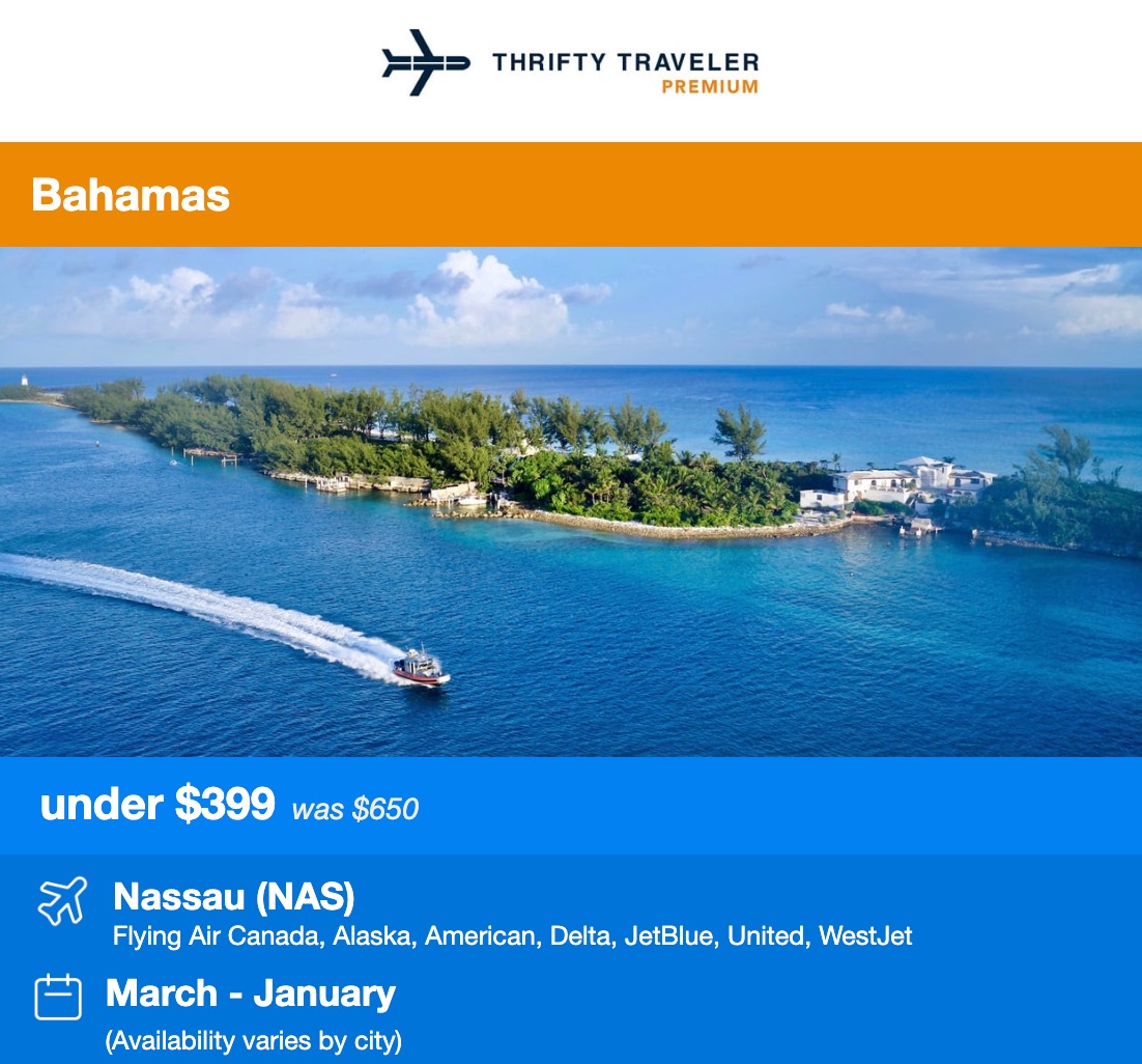 Thrifty Traveler Premium flight deal to the Bahamas