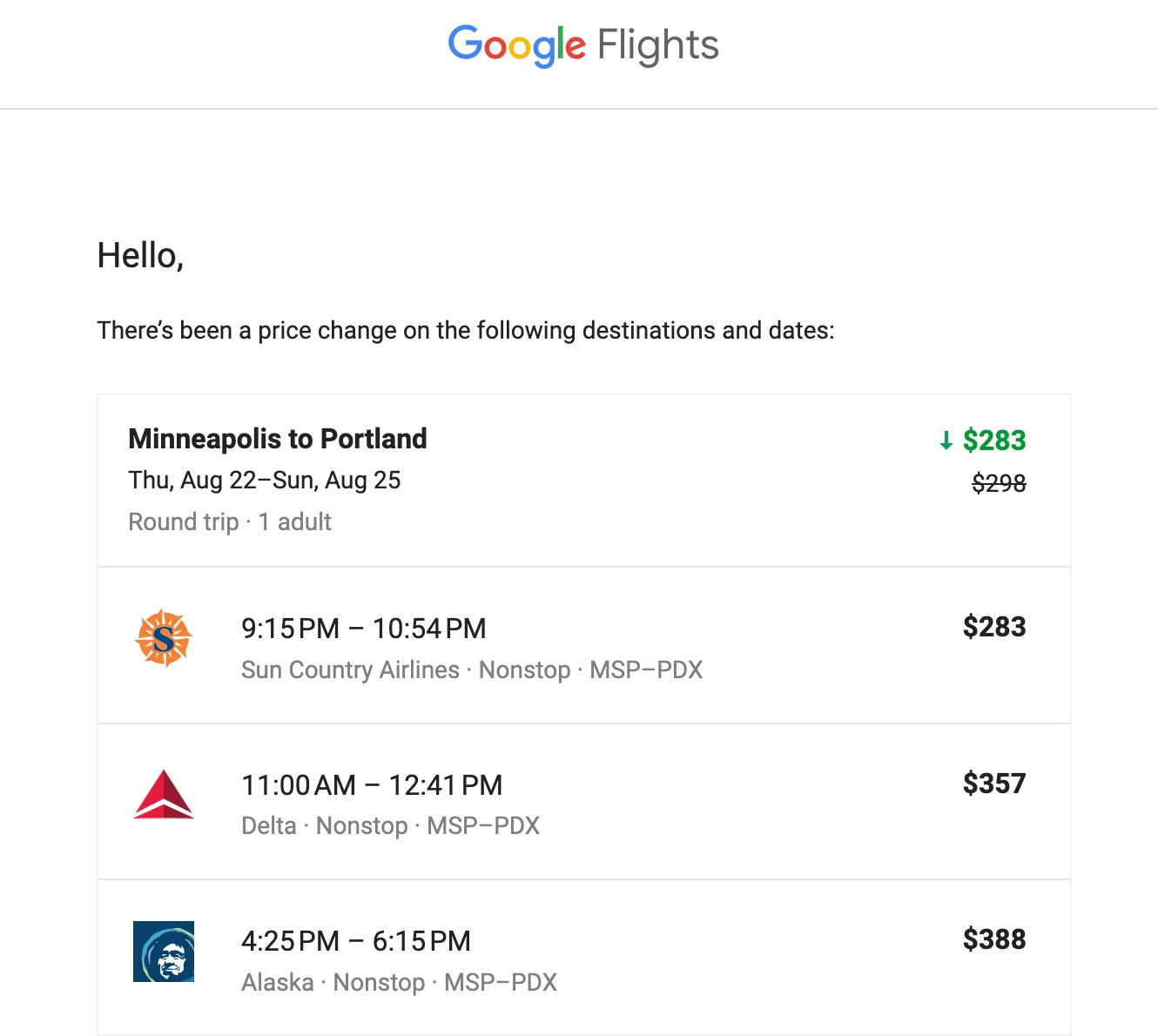 Google Flights price alerts