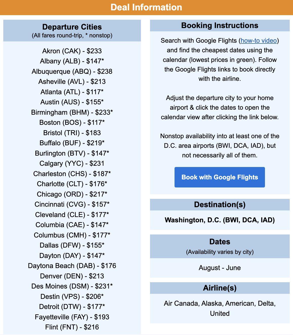 Washington DC flight deal