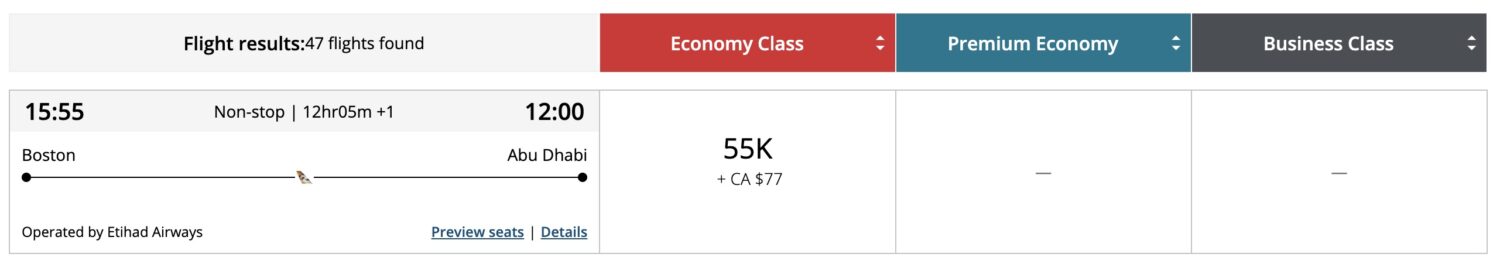 Etihad Airways BOS to AUH Air Canada booking