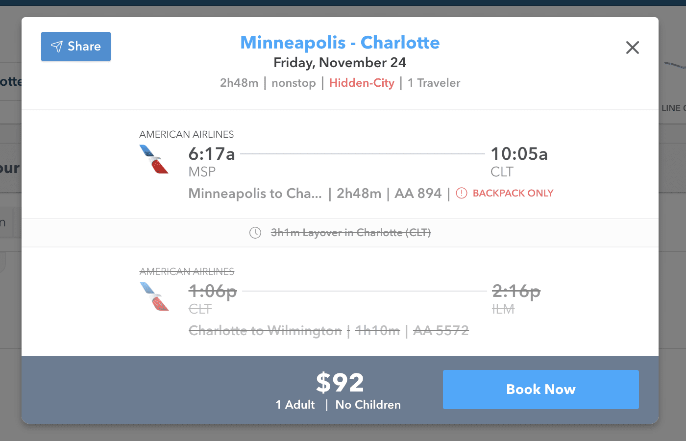 Skiplagged search for flights from MSP to CTL