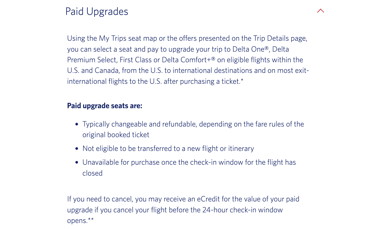 Delta paid upgrades refund policy