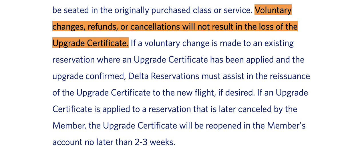 Delta upgrade certificate refund policy