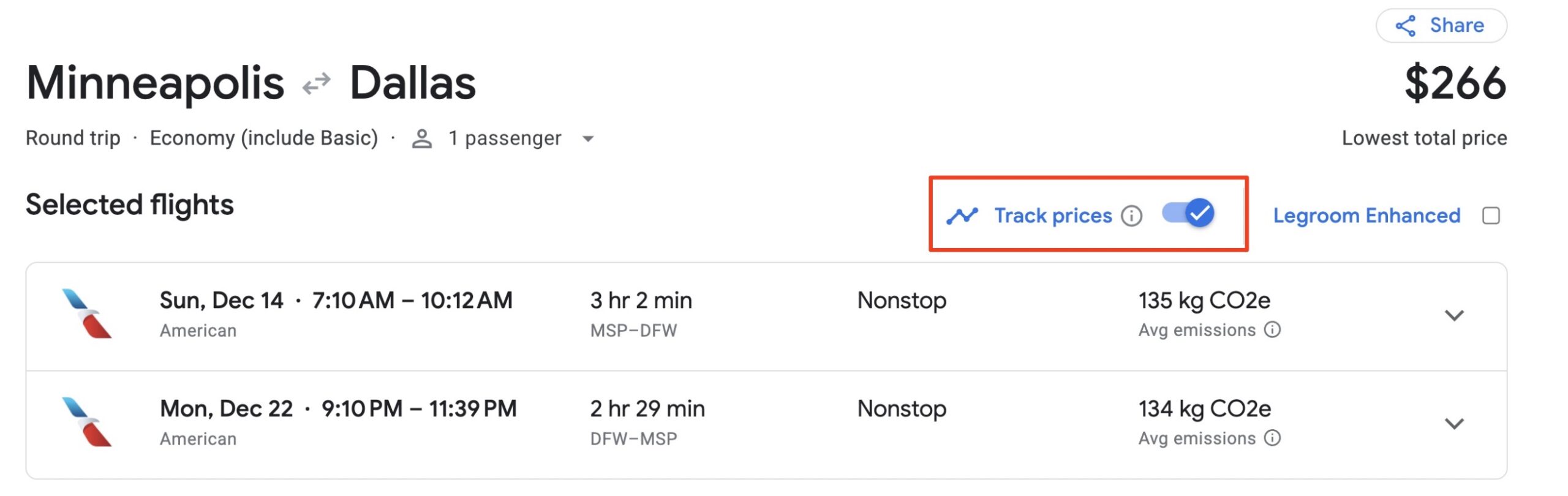 MSP-DFW price alert example. 