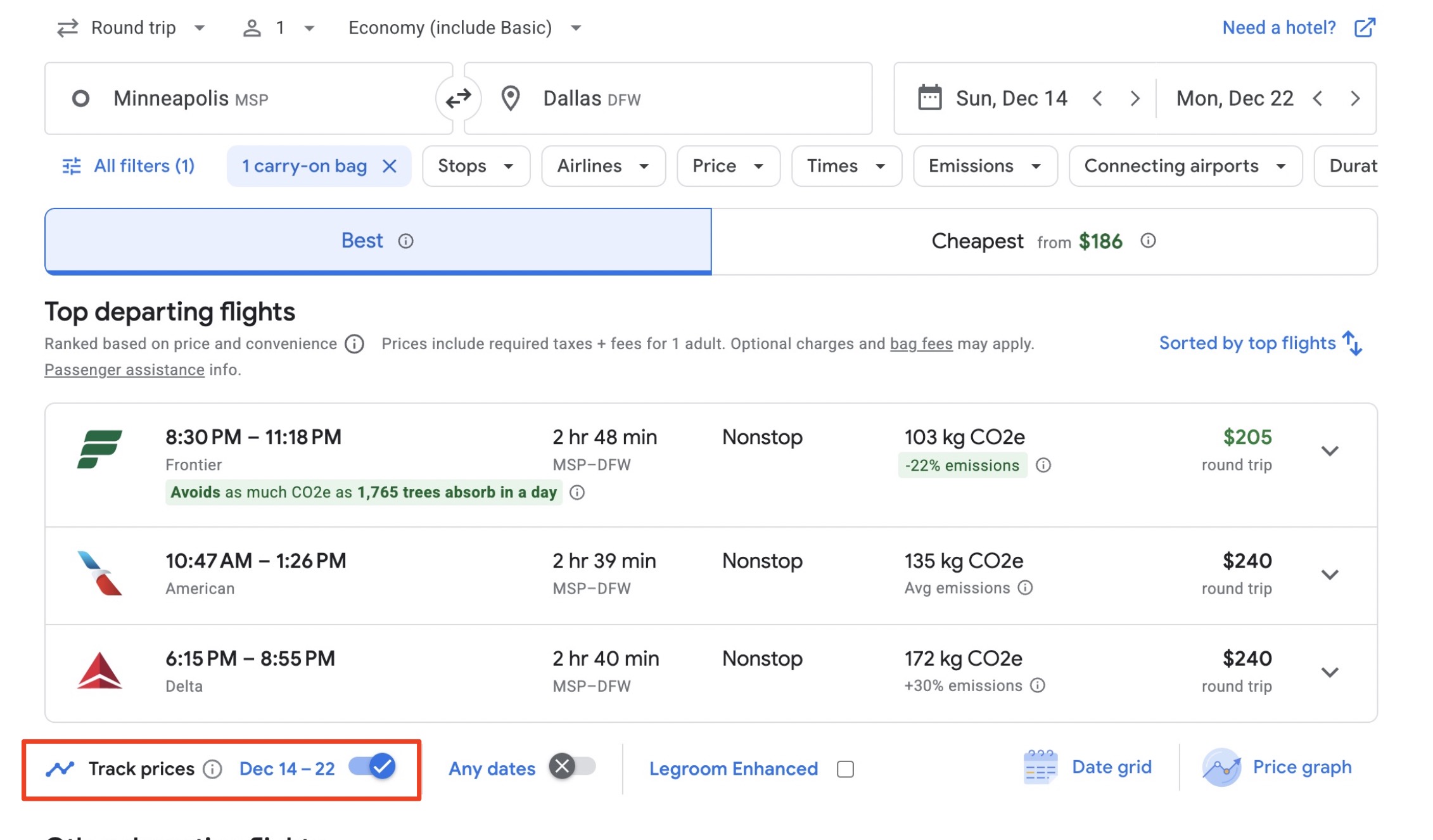 Price alert example from MSP to DFW