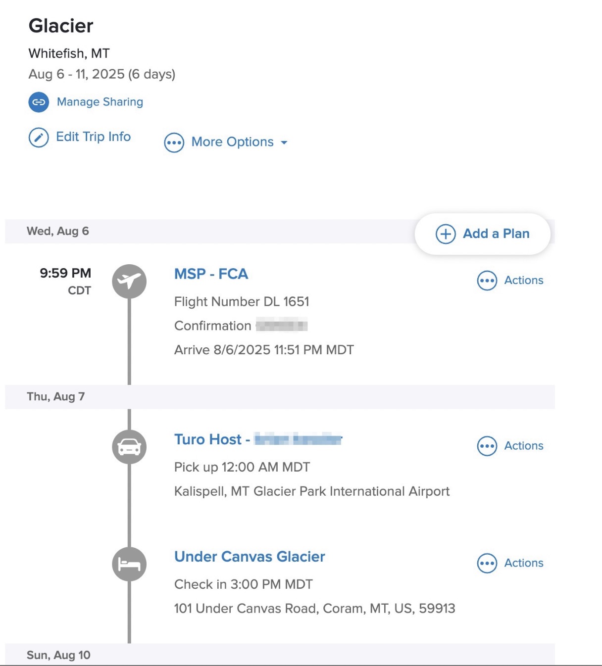 Glacier National Park TripIt itinerary