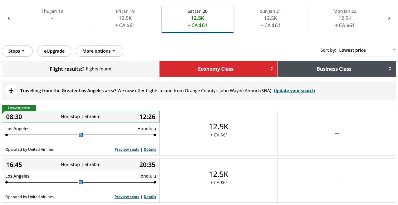 Aeroplan Los Angeles to Honolulu