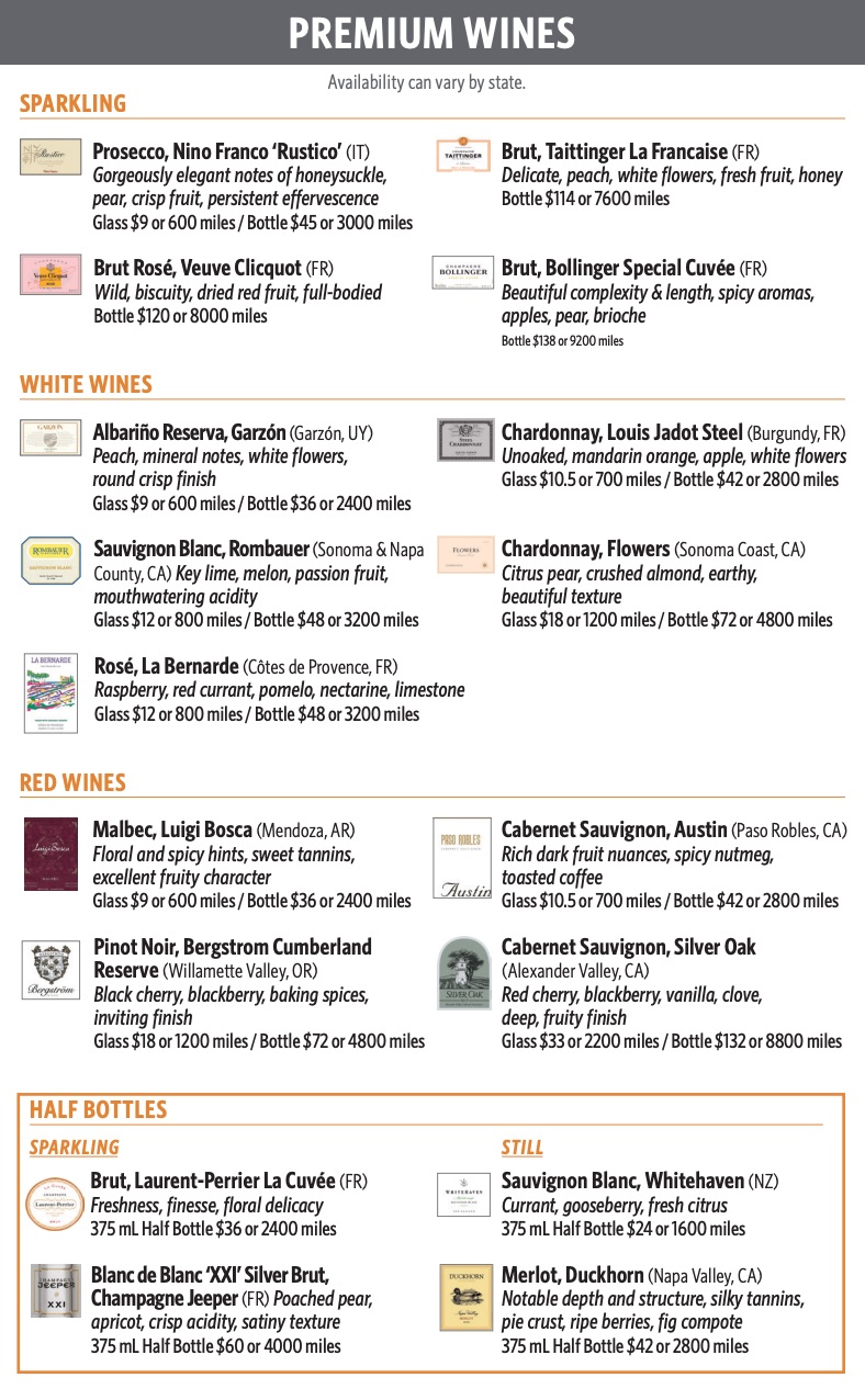 list of wine options in delta sky clubs