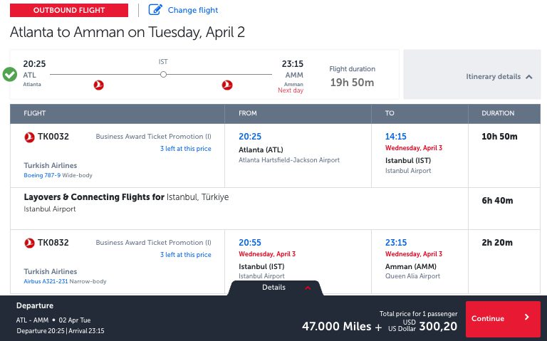 Atlanta to Amman Turkish Airlines business class award