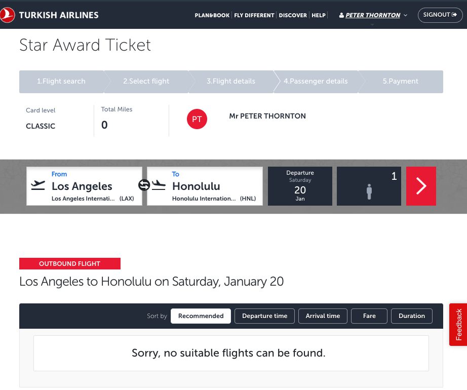 Turkish Star Award search no suitable flights