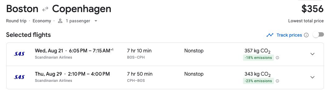 Google Flights Boston (BOS) to Copenhagen (CPH)