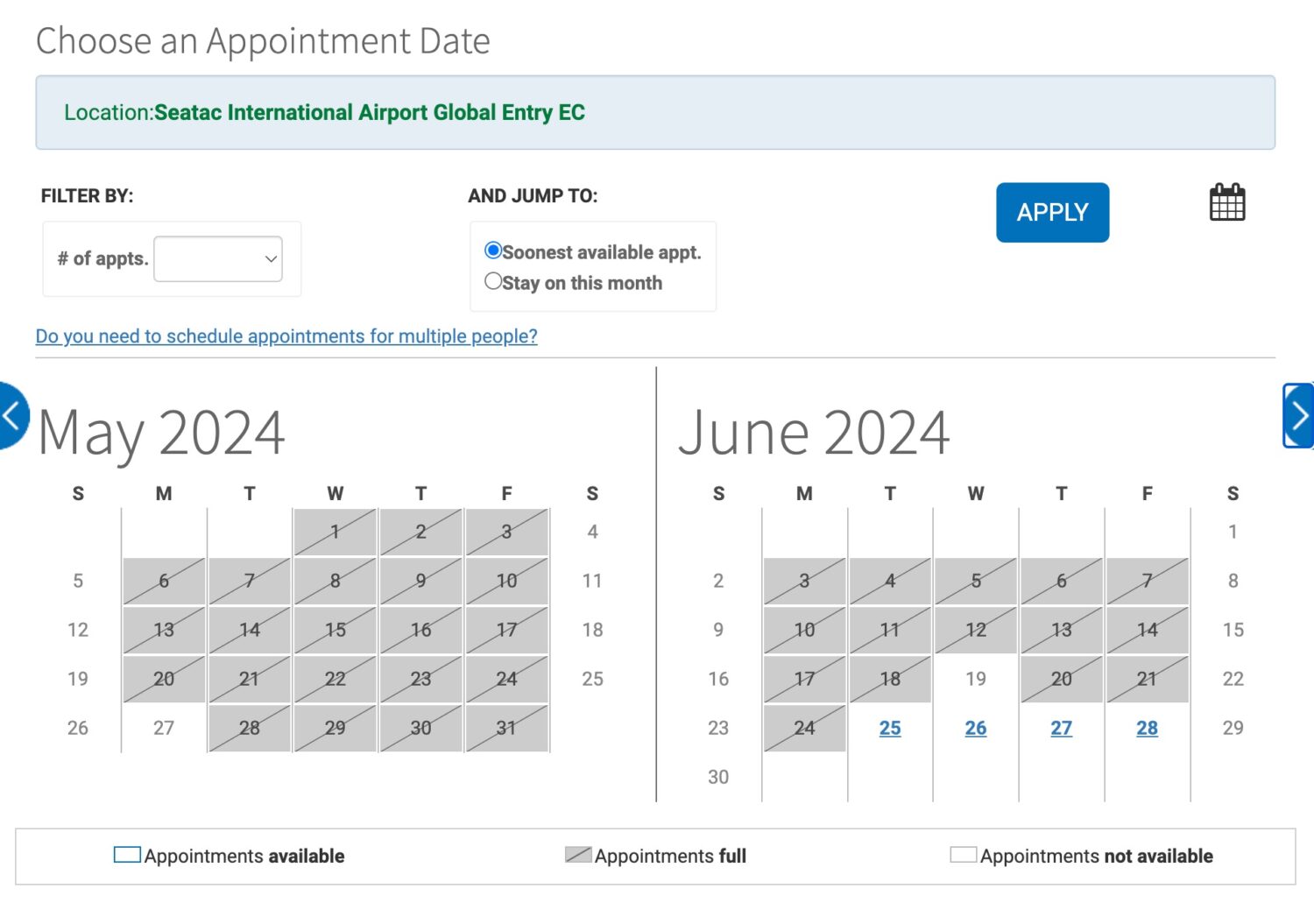 Seattle Airport (SEA) Global Entry appointment calendar 