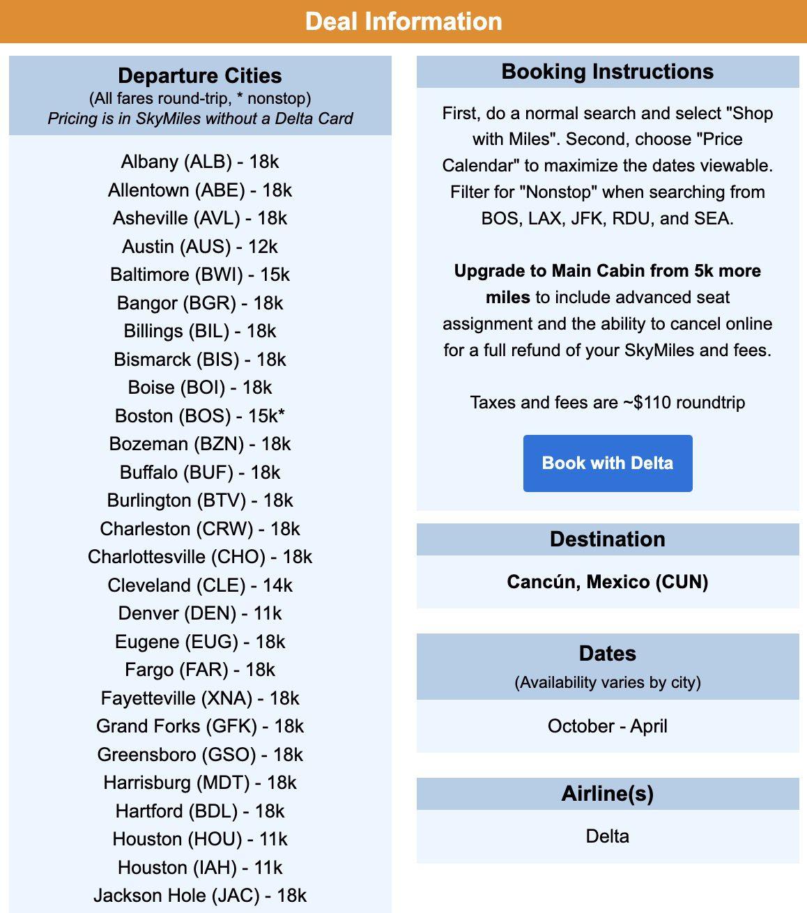 SkyMiles to cancun flight deal