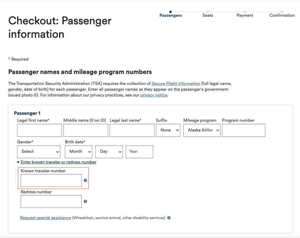Alaska Airlines checkout screen