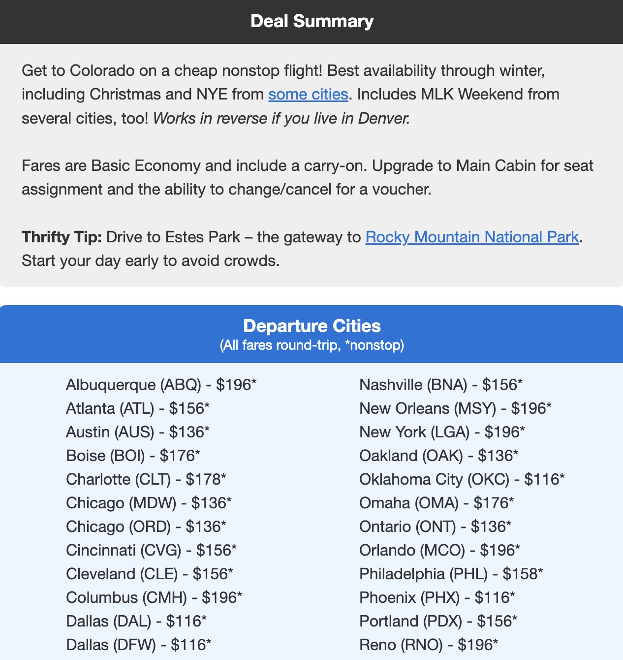 Denver flight deal with fares in the $100s roundtrip. 
