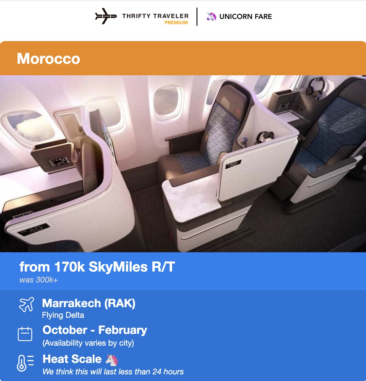 Delta One to Marrakech from 170,000 SkyMiles roundtrip
